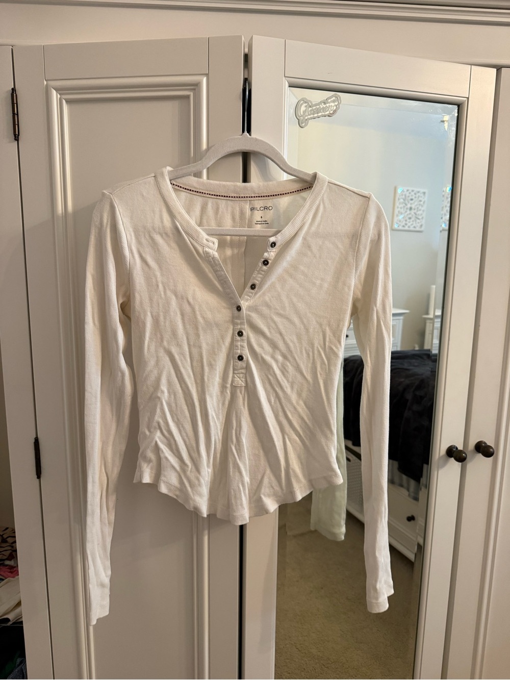 Pilcro Cream Long-Sleeve Henley with Button Placket